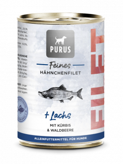 PURUS feines Hähnchenfilet mit Lachs für Hunde, Konserve NEU 6x400g